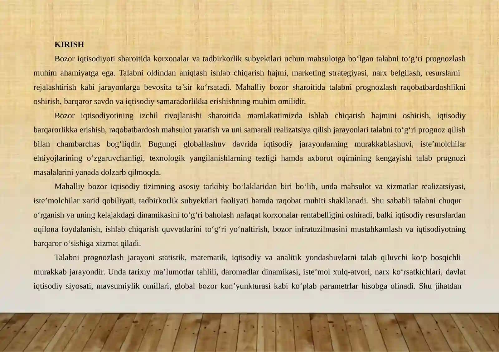 MAHALLIY BOZORIDA TALABNI PROGNOZ QILISH VA BERILGAN MASALAGA ANIQ YECHIMLAR ISHLAB CHIQISH 2