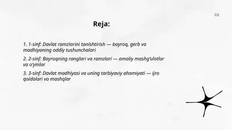 Tarbiya jarayonida davlat ramzlaridan foydalanish mavzusida 1-11-sinflar uchun dars ishlanmasi tayyorlash 2