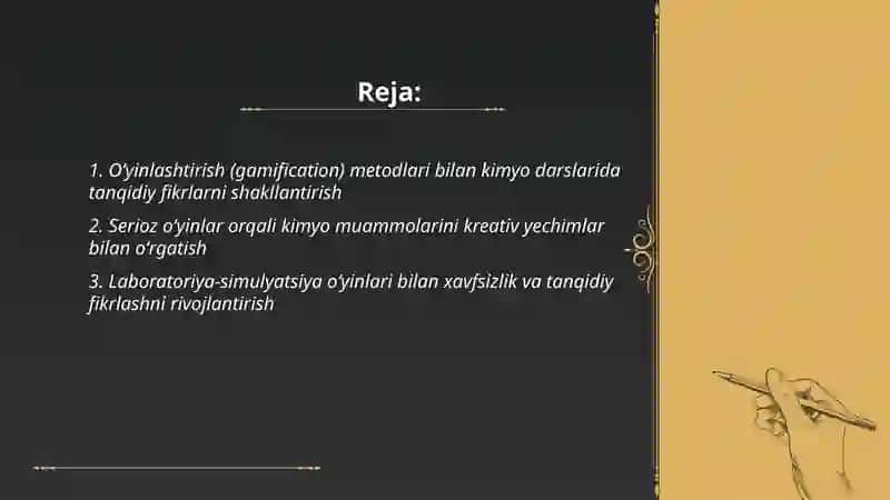 Kimyo darslarida tanqidiy va kreativ fikrlarni rivojlantirishga qaratilgan oʻyin texnologiyalari 2