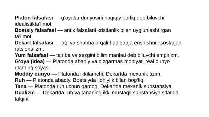 Yevropa mutafakkirlari Platon, Boetsiy, R.Dekart, D.Yumning falsafaga oid qarashlarini qiѐsiy tahlili. 2