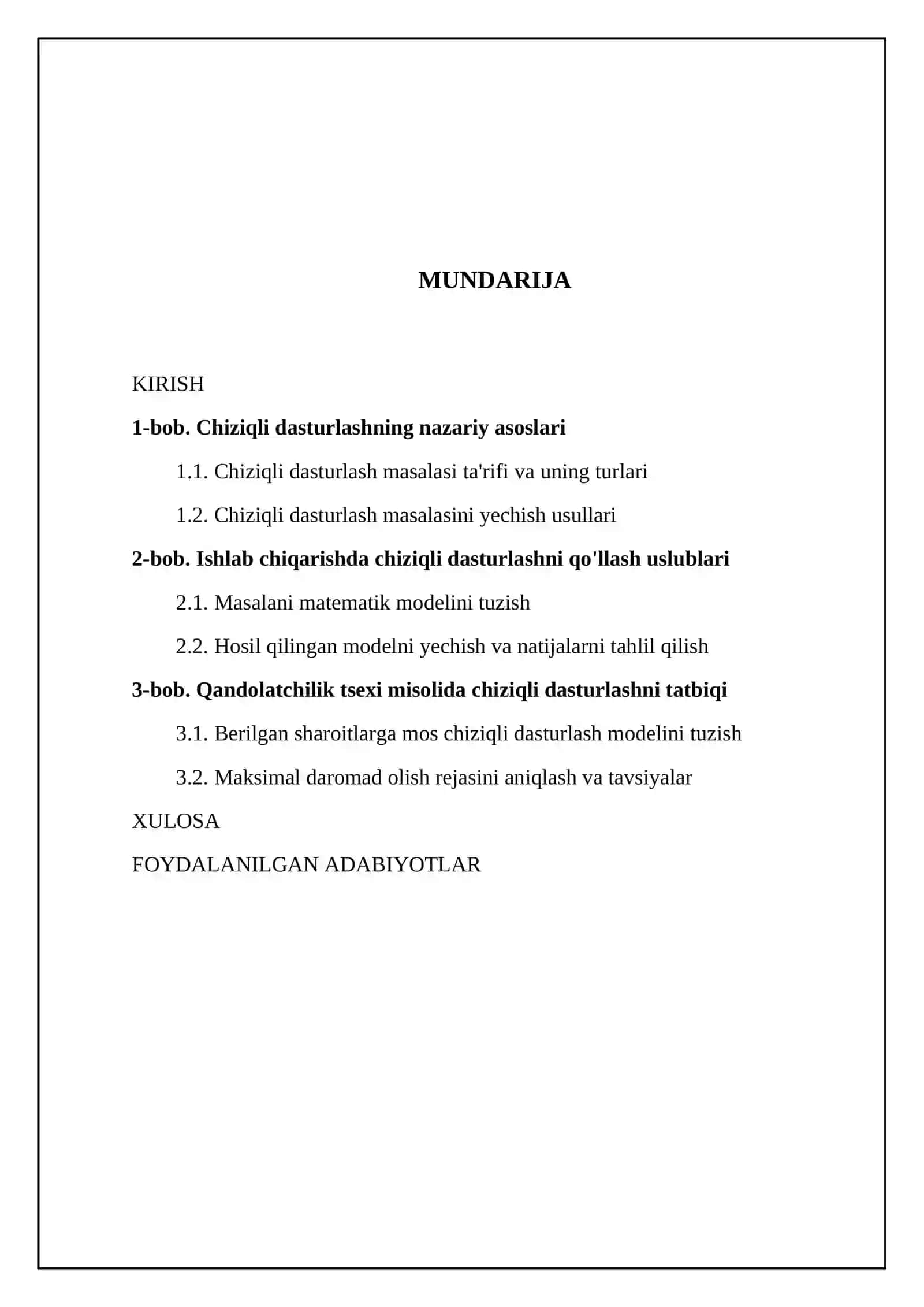 Chiziqli dasturlash masalasini ishlab chiqarishga tatbiqi 2