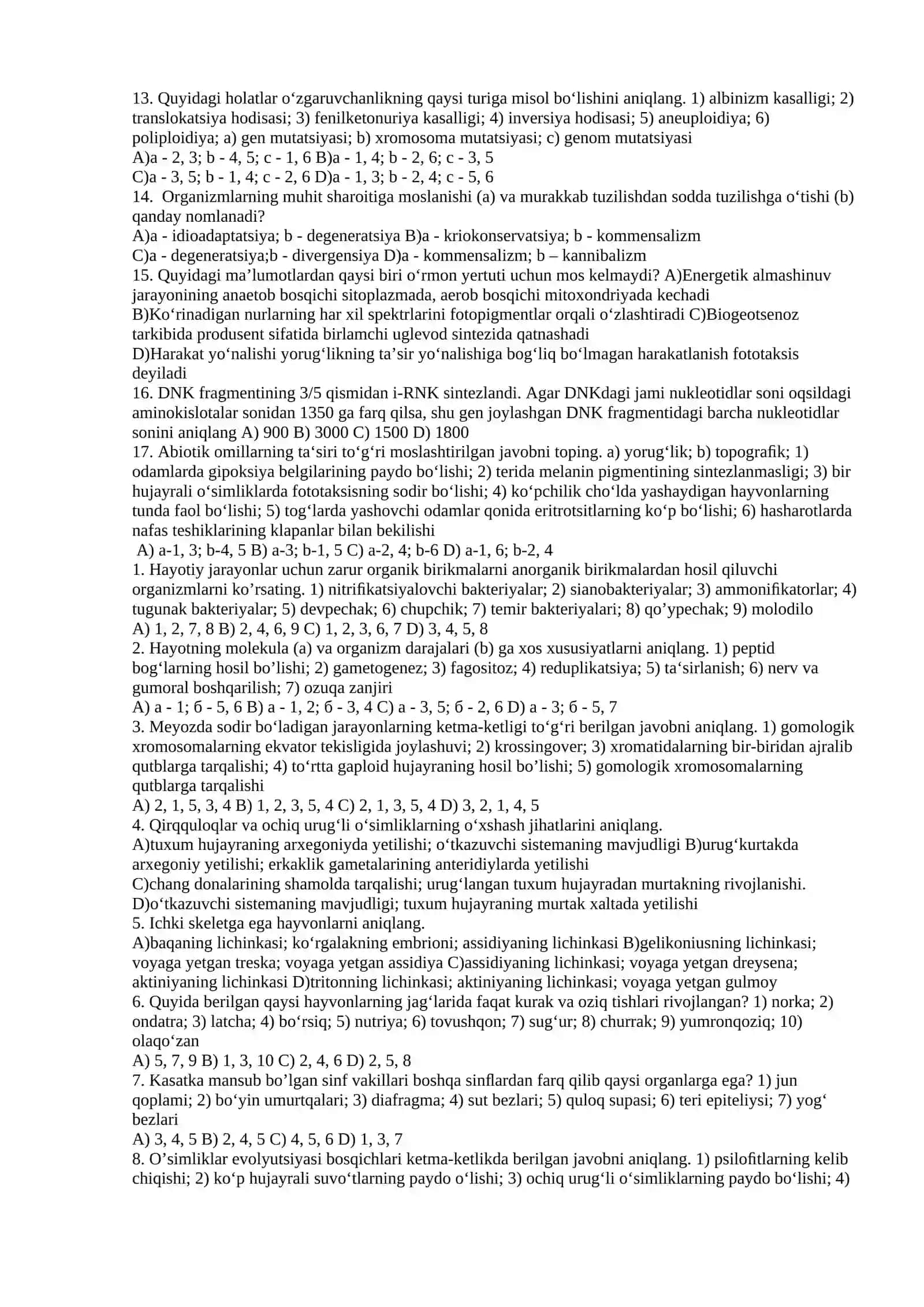 11 sinf Biologiya Olimpiada test savollari 2