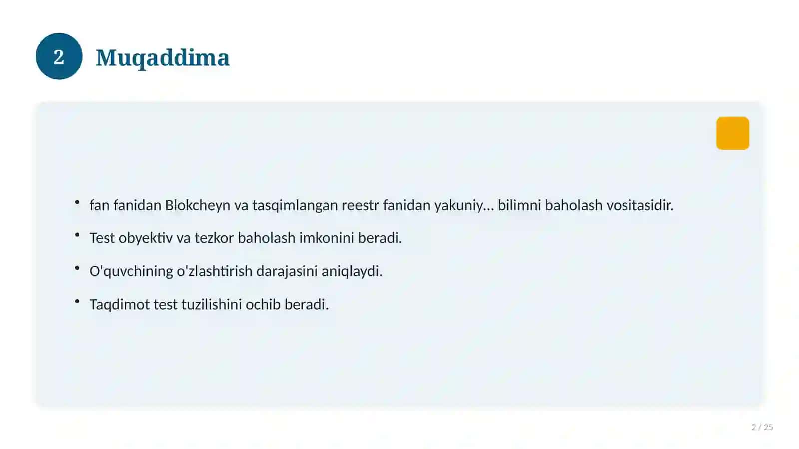 Blokcheyn va tasqimlangan reestr fanidan yakuniy nazorat testlari 2