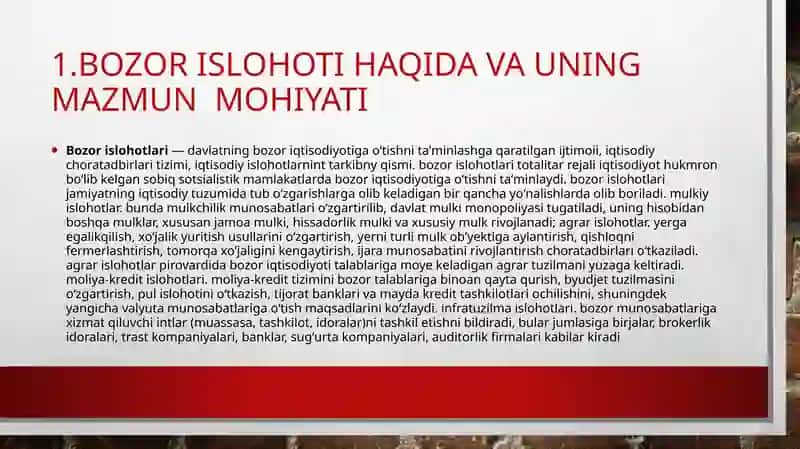 O‘ZBEKISTONDA BOZOR ISLOHOTLARINI AMALGA OSHIRISH VA UNING ASOSIY YO‘ NALISHLARI 2