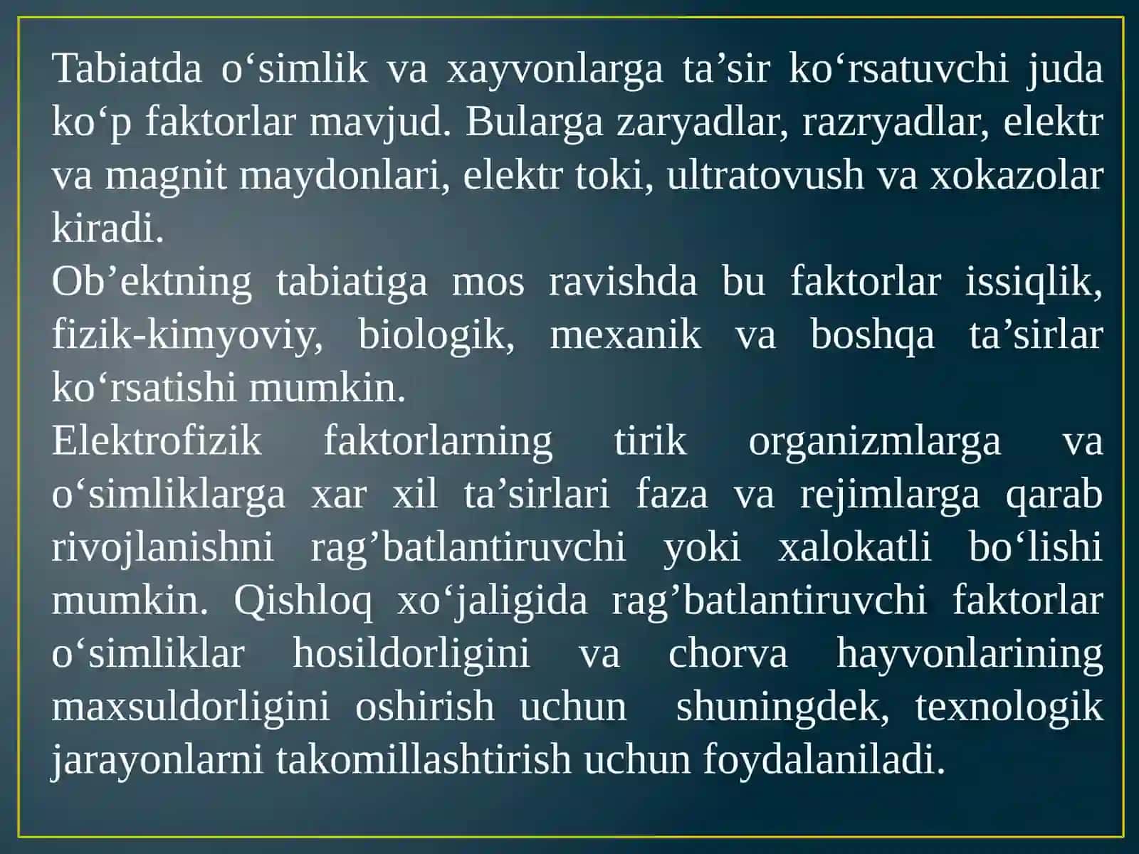 ELEKTRON-IONLI TEXNOLOGIK ASOSLARI VA QISHLOQ VA SUV XO‘JALIGIDA FOYDALANISH YO‘NALISHLARI. ULTRATOVUSH VA MAGNIT MAYDONIDAN BEVOSITA JARAYONLARDA FOYDALANISH 2