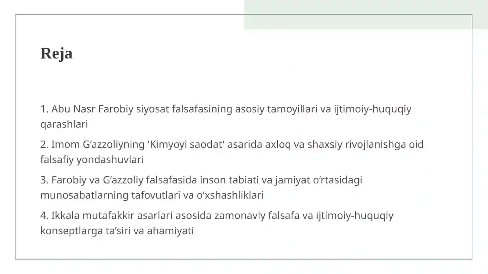 Abu Nasr Farobiy va G’azzoliyning falsafa ilmiga oid qarashlarini qiyosiy tahlil qilish (Farobiyning “Siyosat falsafasi” va G’azzoliyning “Kimyoyi saodat” asarlari asosida) 2