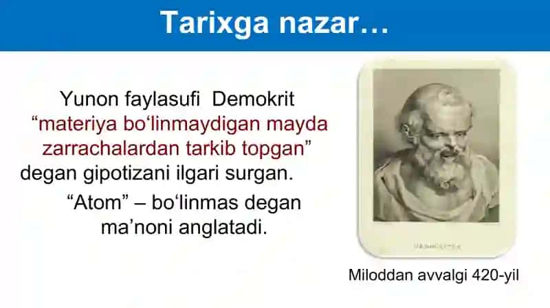 Atom-molekulyar ta’limot. Ularning mavjudligi. Kimyoviy element, kimyoviy belgi 2