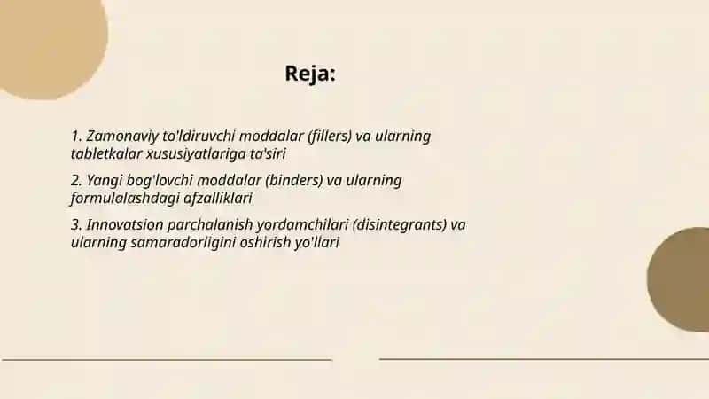 Tabletkalar ishlab chiqarishda zamonaviy yordamchi moddalardan foydalanish istiqbollari (Olimova Ezoza) 2