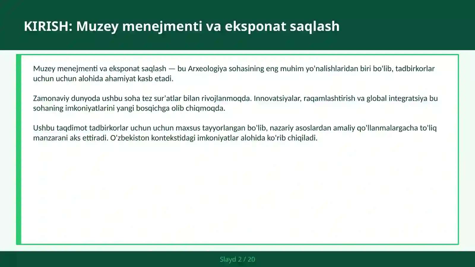 MUZEY MENEJMENTI VA EKSPONAT SAQLASH 2