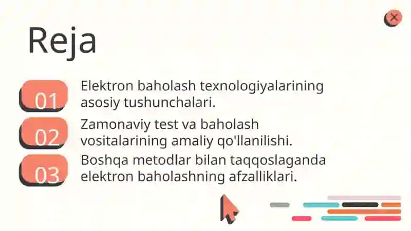 Diagnostika va o`quvchilar bilimini elektron baholashning zamonaviy metod va texnalogiyalarini joriy etishi. 2