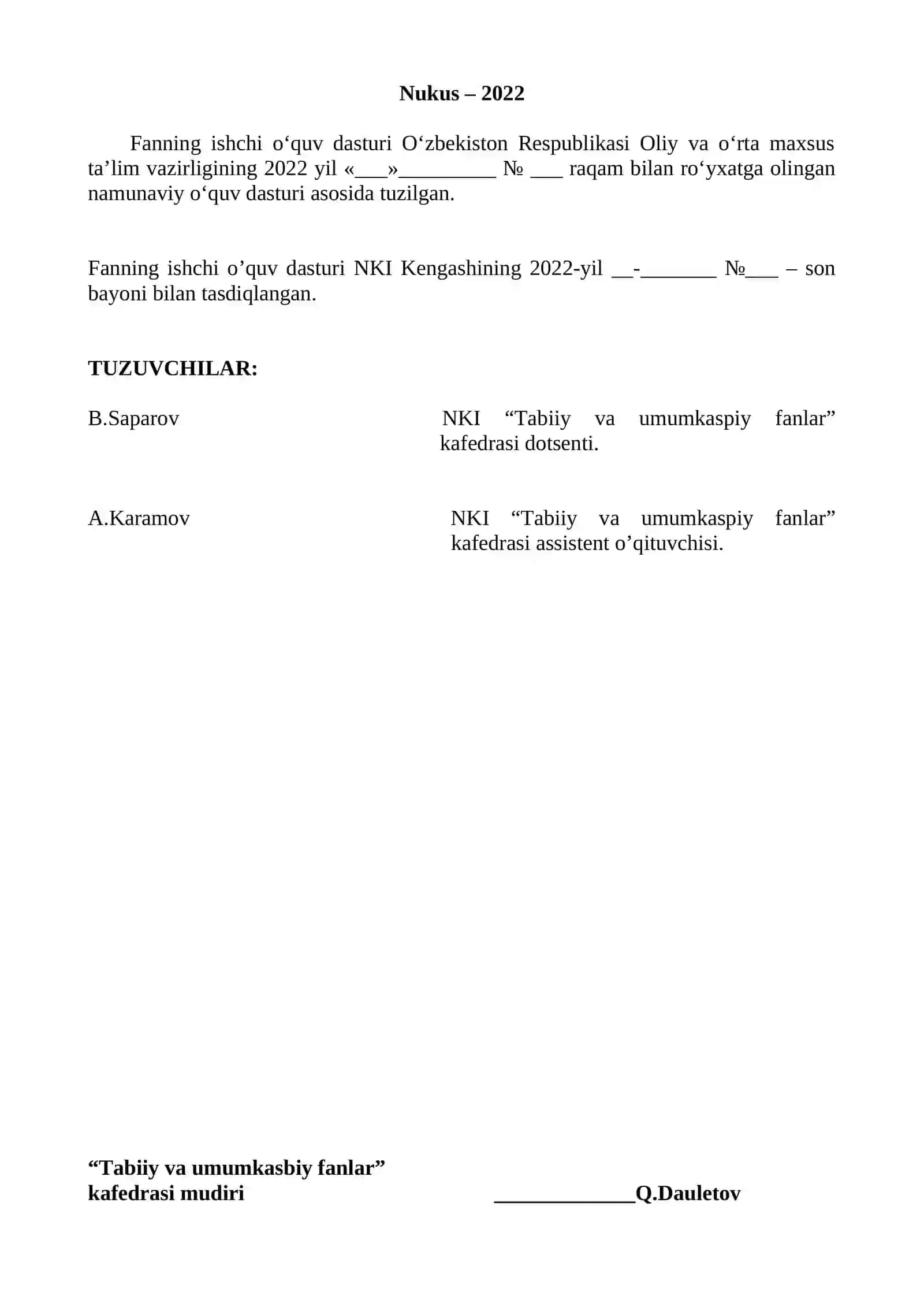 Mexanika (MD) fanining ISHCHI O’QUV DASTURI (SYLLABUS) 2
