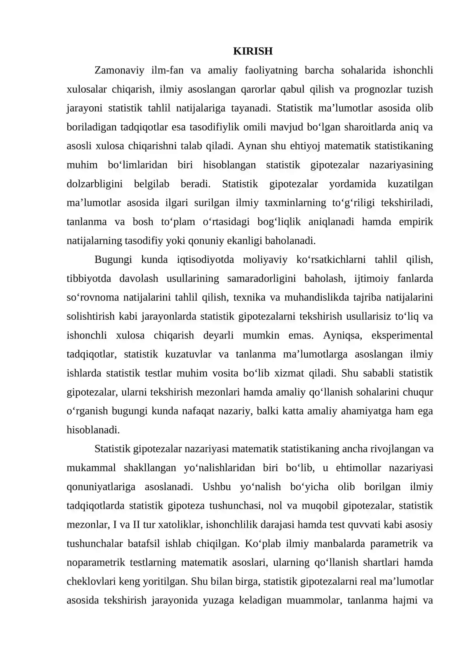 STATISTIK GIPOTEZALAR VA ULARNING TADBIQLARI 2