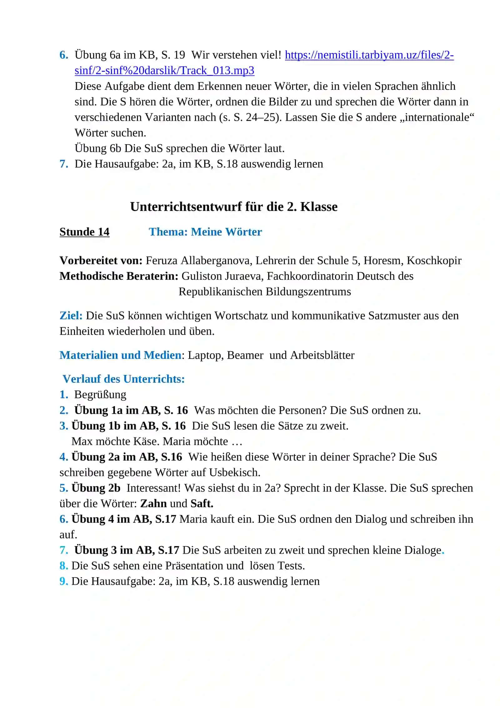 Unterrichtsentwurf für die 2. Klasse 2