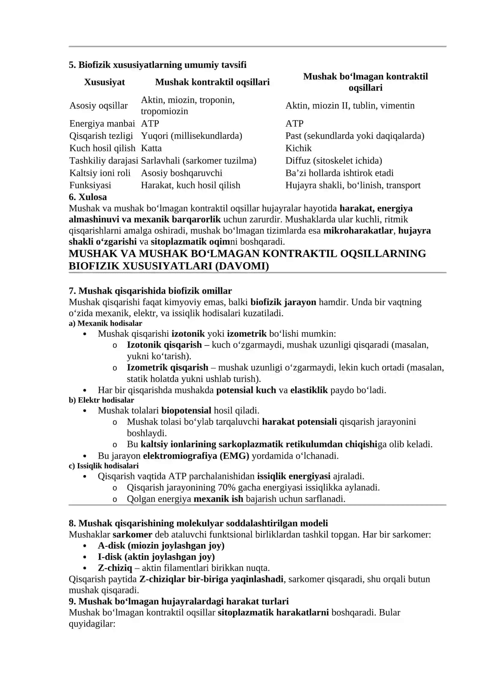 Mushak va Mushak Bo‘lmagan Kontraktil Oqsillarning Biofizik Xususiyatlari 2