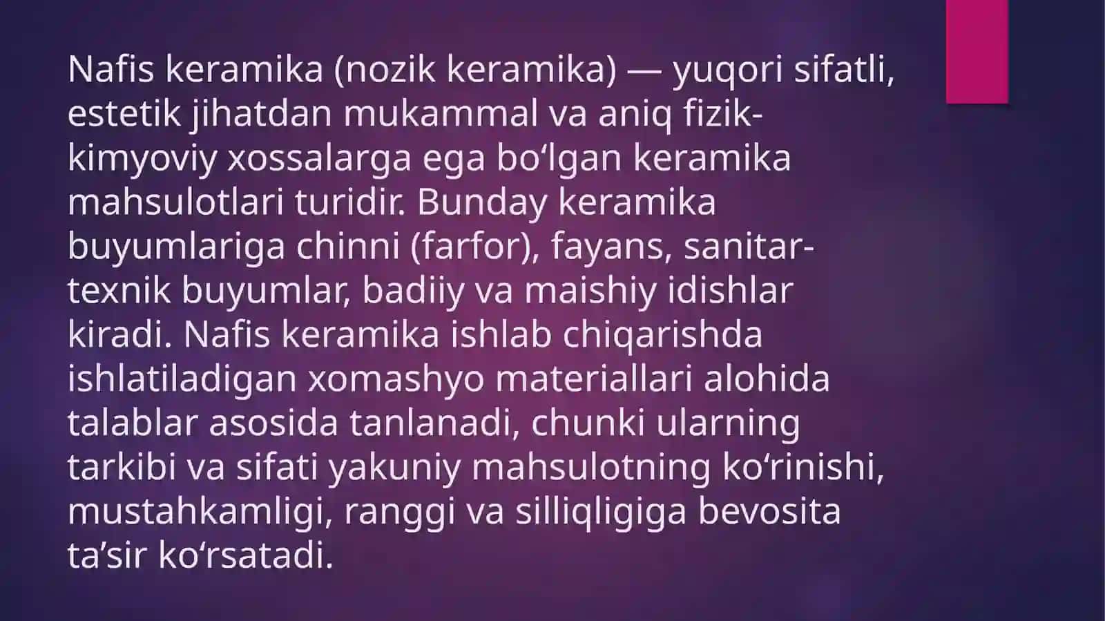 Nafis keramika olish uchun ishlatiladigan xomashyo materiallari 2