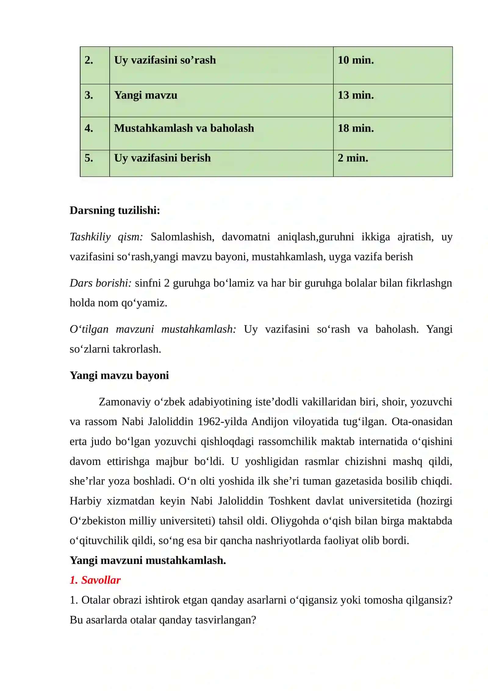 Nabi Jaloliddin “Ota” hikoyasi 7-sinf dars ishlanma 2