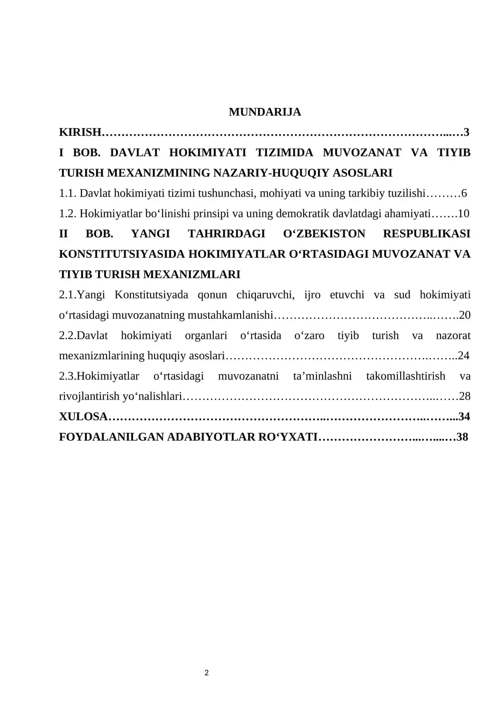 Yangi Konstitutsiyada davlat hokimiyati tizimidagi muvozanat va tiyib turish mexanizmi kurs ishi 2