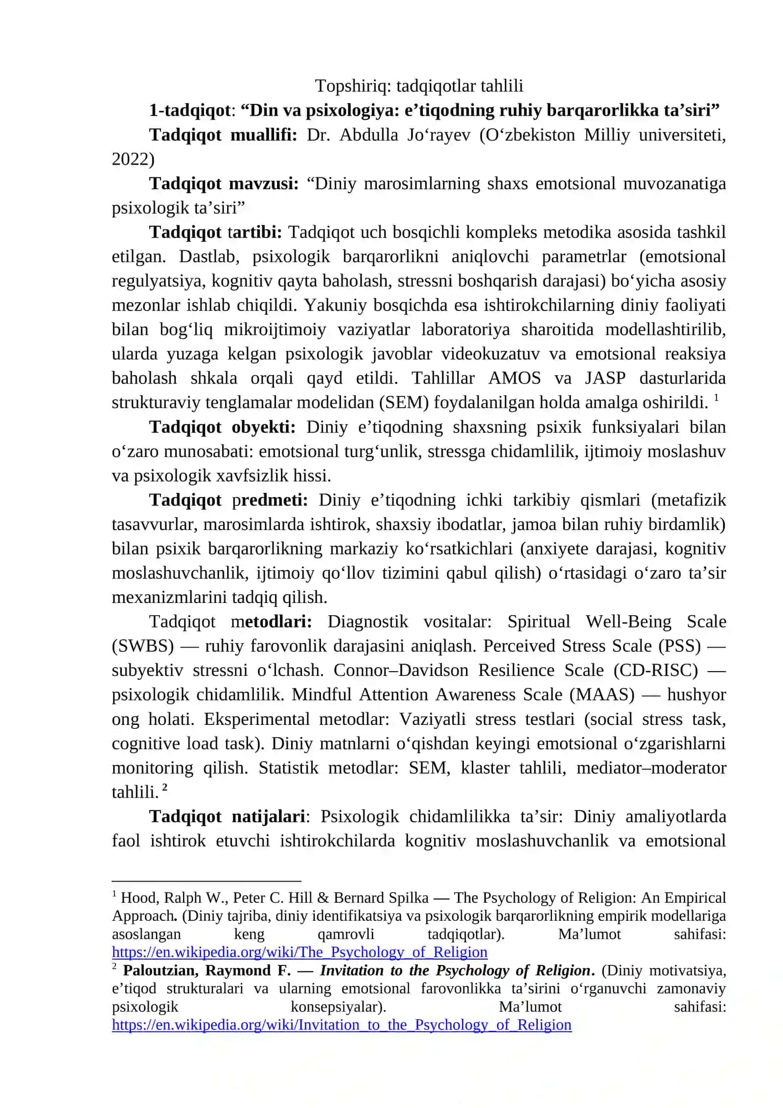 Tadqiqotlar tahlili din psixologiyasi 2