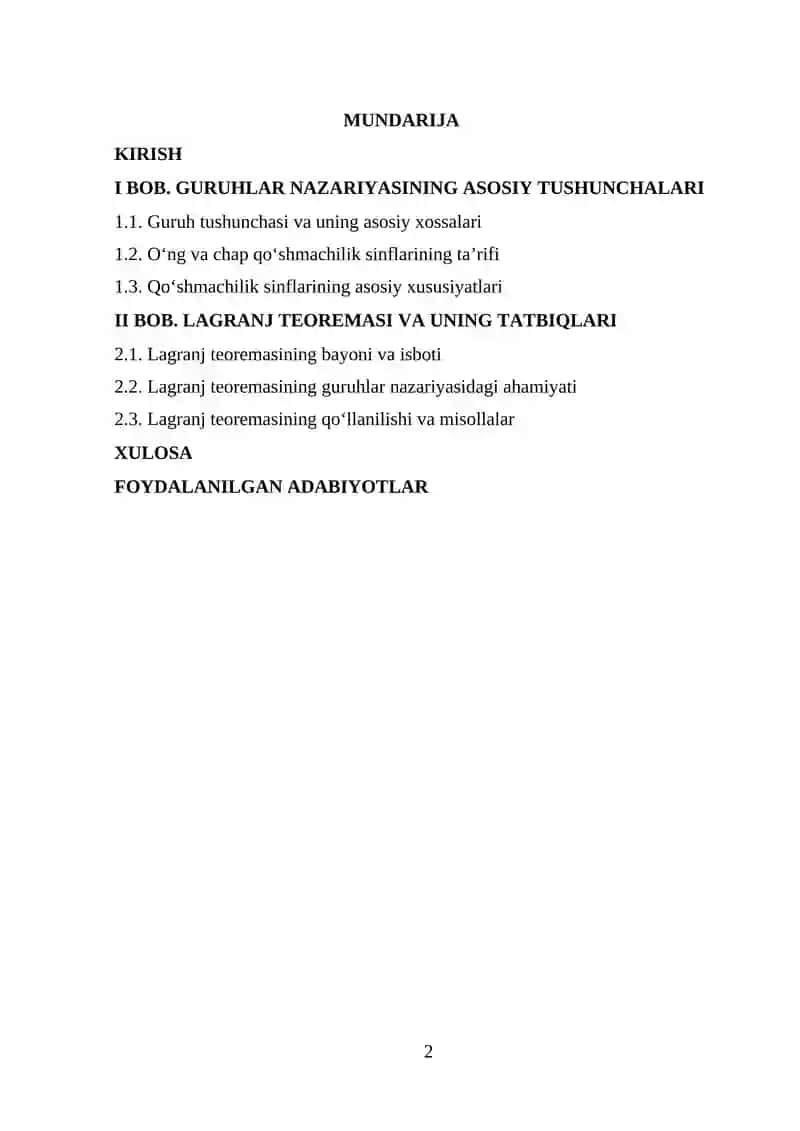 Oʻng va chap qoʻshmalik sinflari. Lagranj teoremasi 2