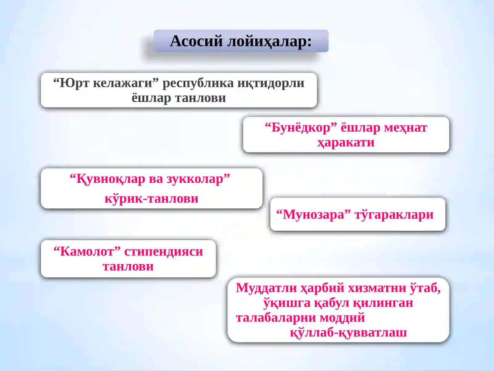Иқтидорли ёшларни қўллаб-қувватлаш соҳасида амалга ошириладиган лойиҳалар 2