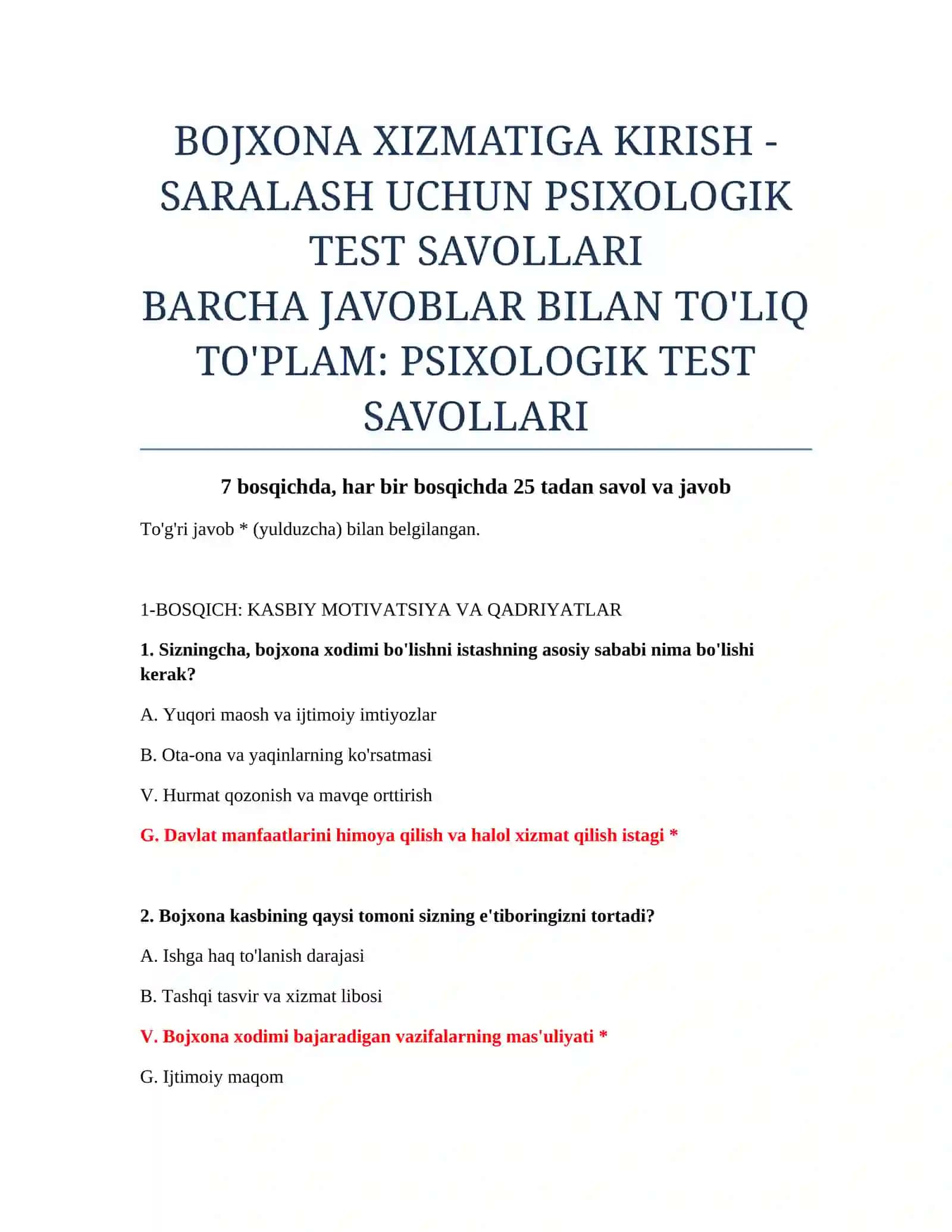 Bojxona Xizmatiga Kirish - Saralash uchun Psixologik Test Savollari 2
