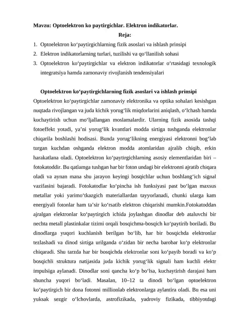 Optoelektron ko'paytirgichlar. Elektron indikatorlar 2