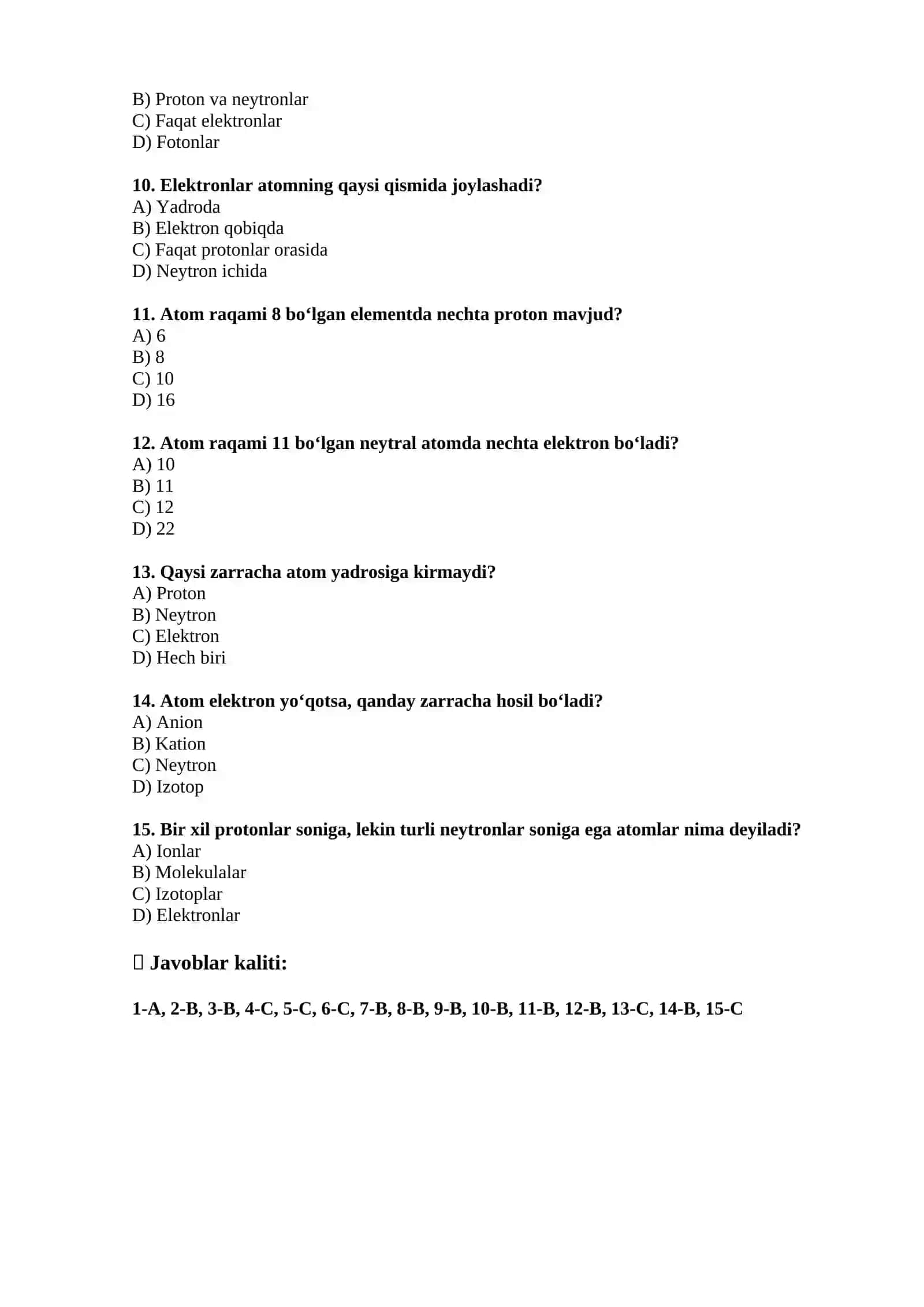 ATOM MAVZUSI BO‘YICHA 15 TALIK TEST 2