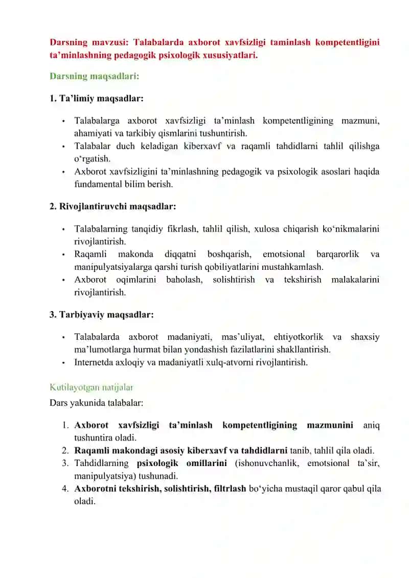MAVZU: “Talabalarda axborot xavfsizligi taminlash kompetentligini taʼminlashning pedagogik psixologi 2