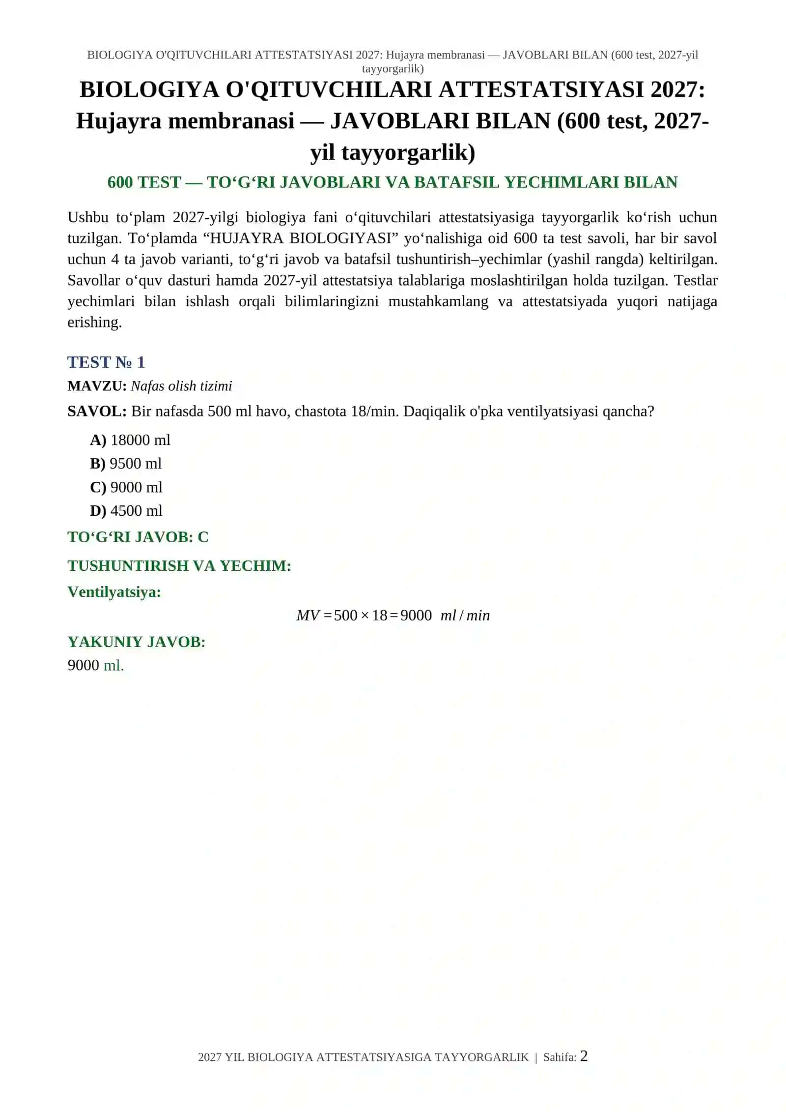 BIOLOGIYA O'QITUVCHILARI ATTESTATSIYASI 2027: Hujayra membranasi — JAVOBLARI BILAN (600 test, 2027-yil tayyorgarlik) 2