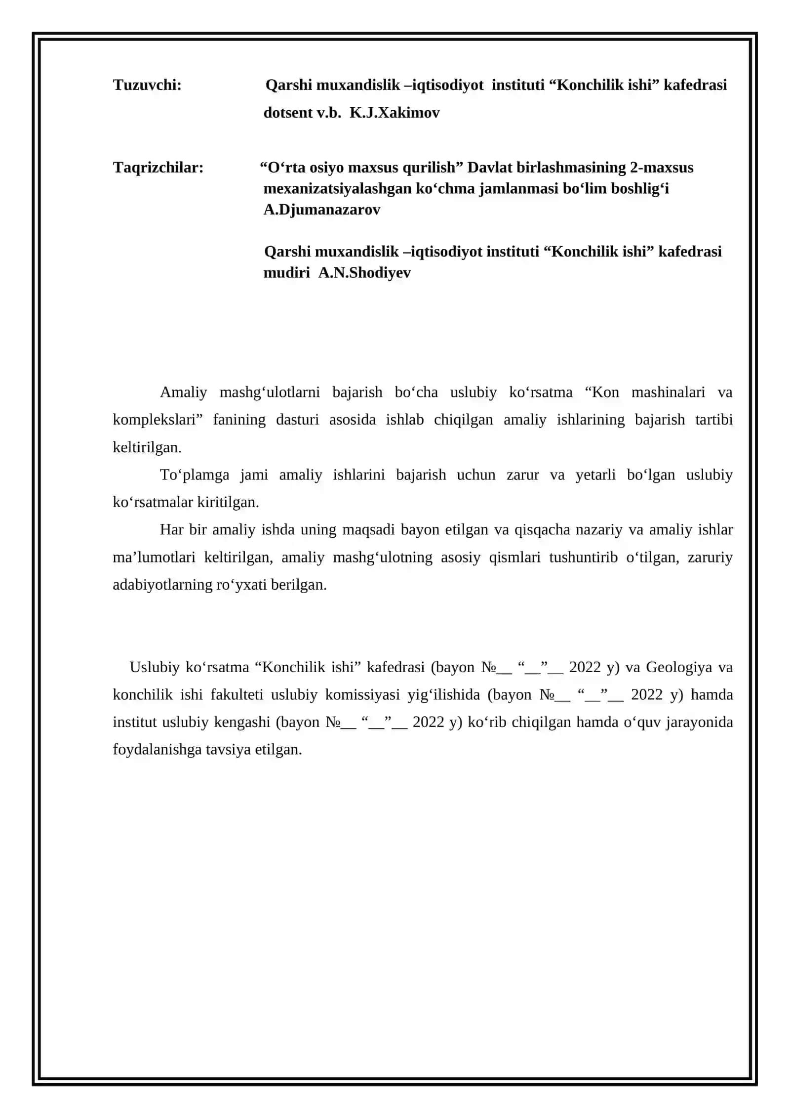 Kon mashinalari va komplekslari fanidan amaliy mashg'ulotlar 2