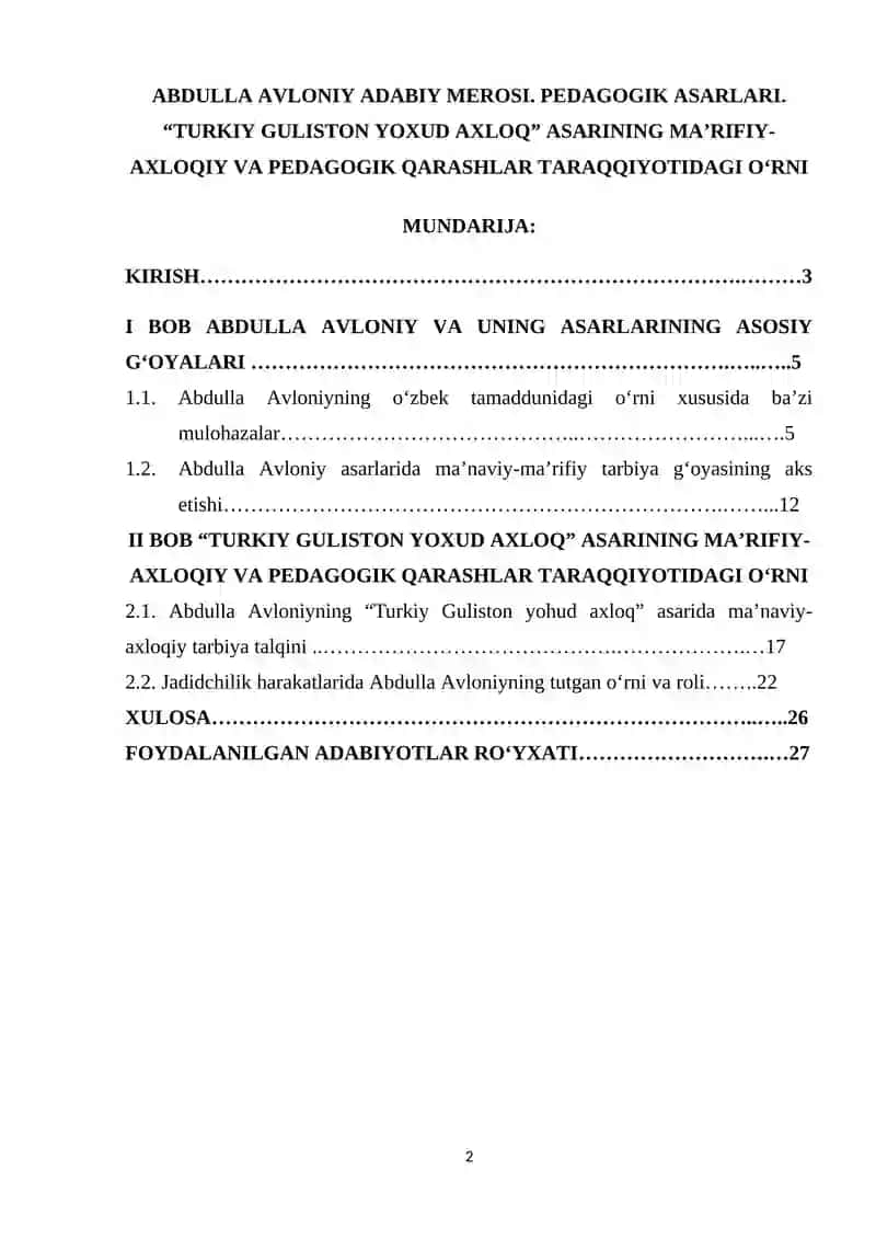 АBDULLА АVLОNIY АDАBIY MERОSI. PEDАGОGIK АSАRLАRI. “TURKIY GULISTОN YОXUD АXLОQ” АSАRINING MА’RIFIY-АXLОQIY VА PEDАGОGIK QАRАSHLАR TАRАQQIYОTIDАGI ОʻRNI 2