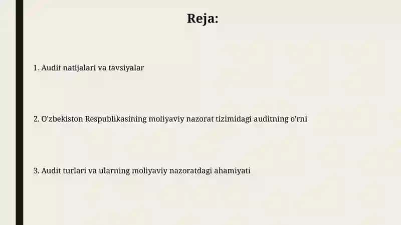 O'zbekiston Respublikasining moliyaviy nazorat tizimida auditning tutgan o'rni 2