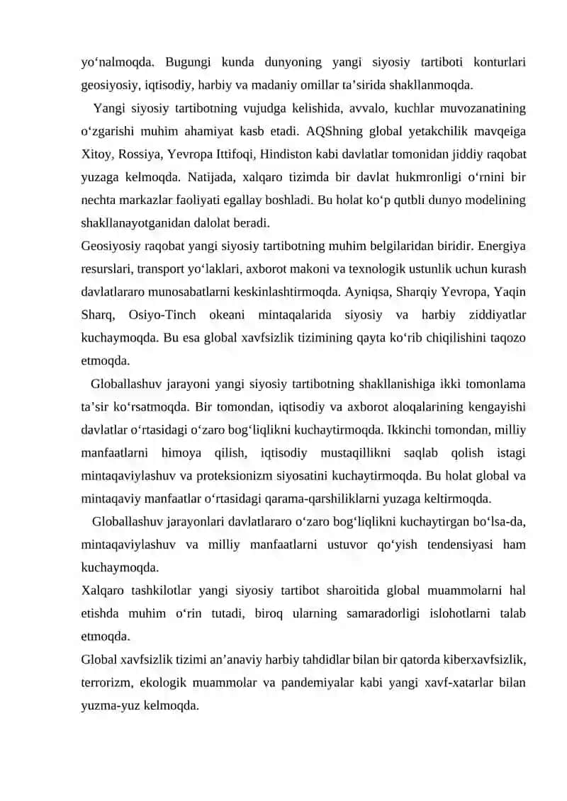 "Dunyoning yangi siyosiy tartiboti konturlari" 2