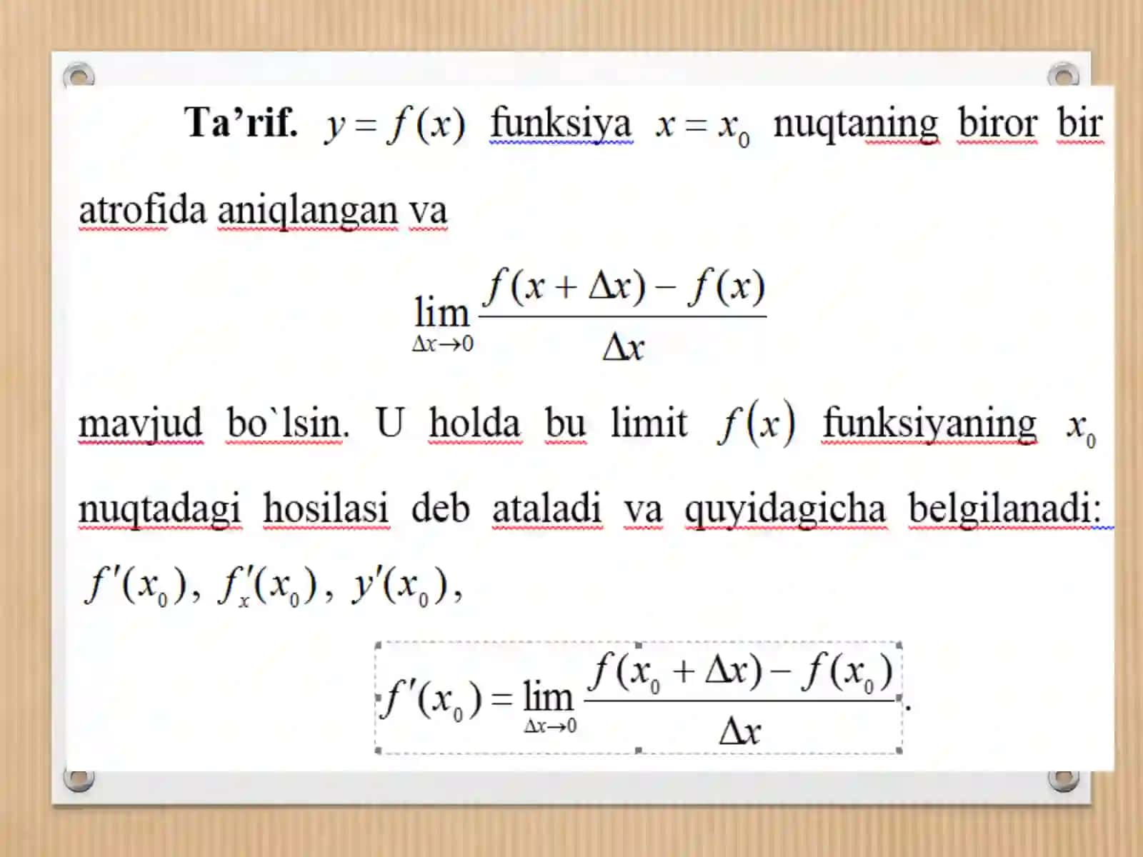 Bir o‘zgaruvchili funksiya hosilasi va differensiali 2