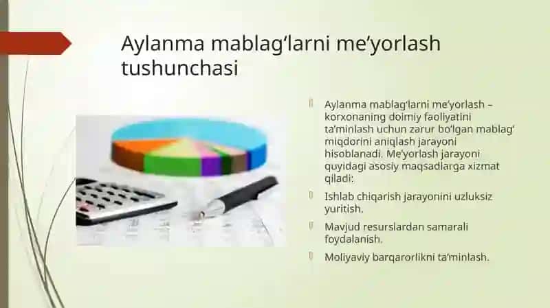 Korxonaning aylanma mablag'larini meyorlash ko'rsatkichlarini hisoblash 2