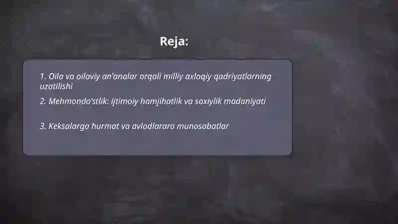 O'zbek xalqining milliy o'ziga xosligi va axloqiy me'yorlari 2