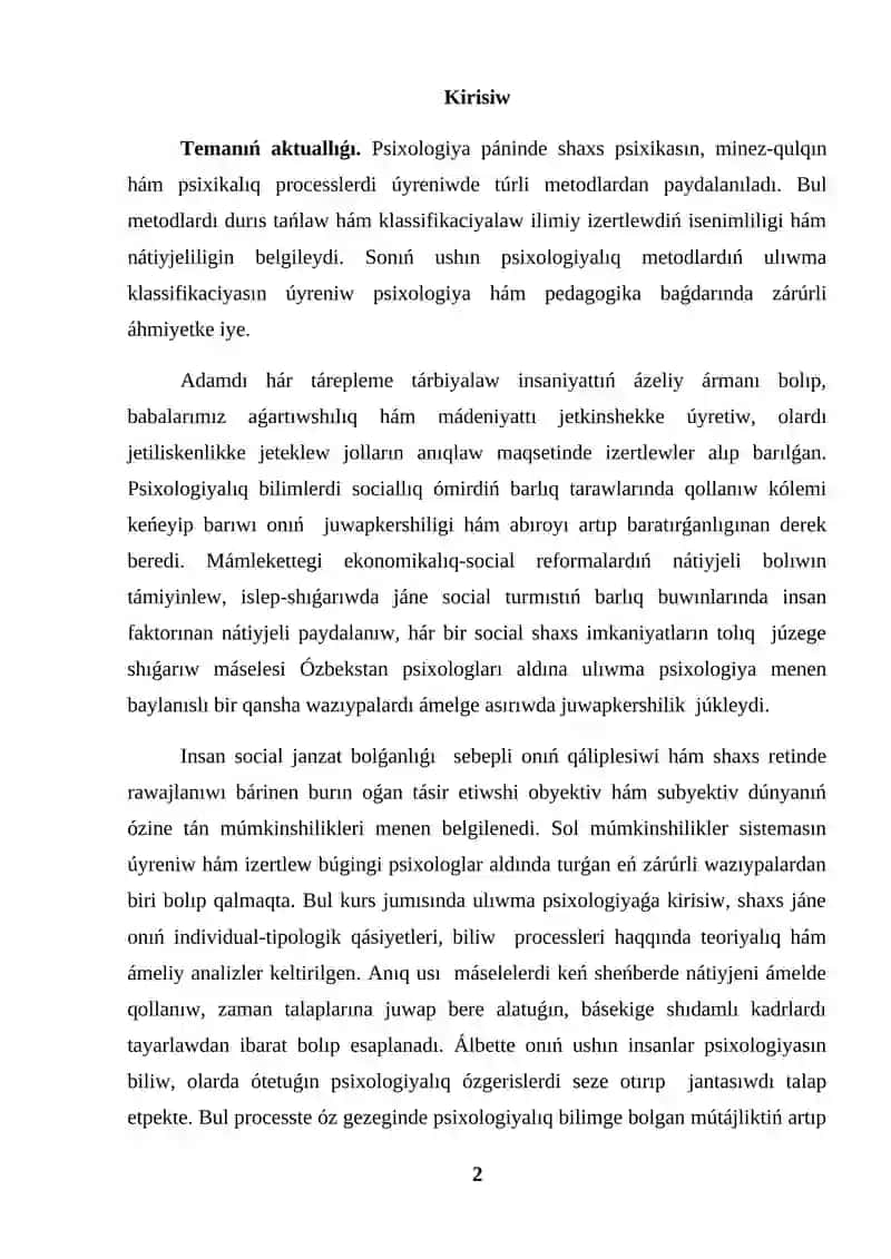 KURS JUMISI PSIXOLOGIYALIQ METODLARDIŃ ULIWMA KLASSIFIKACIYASI 2