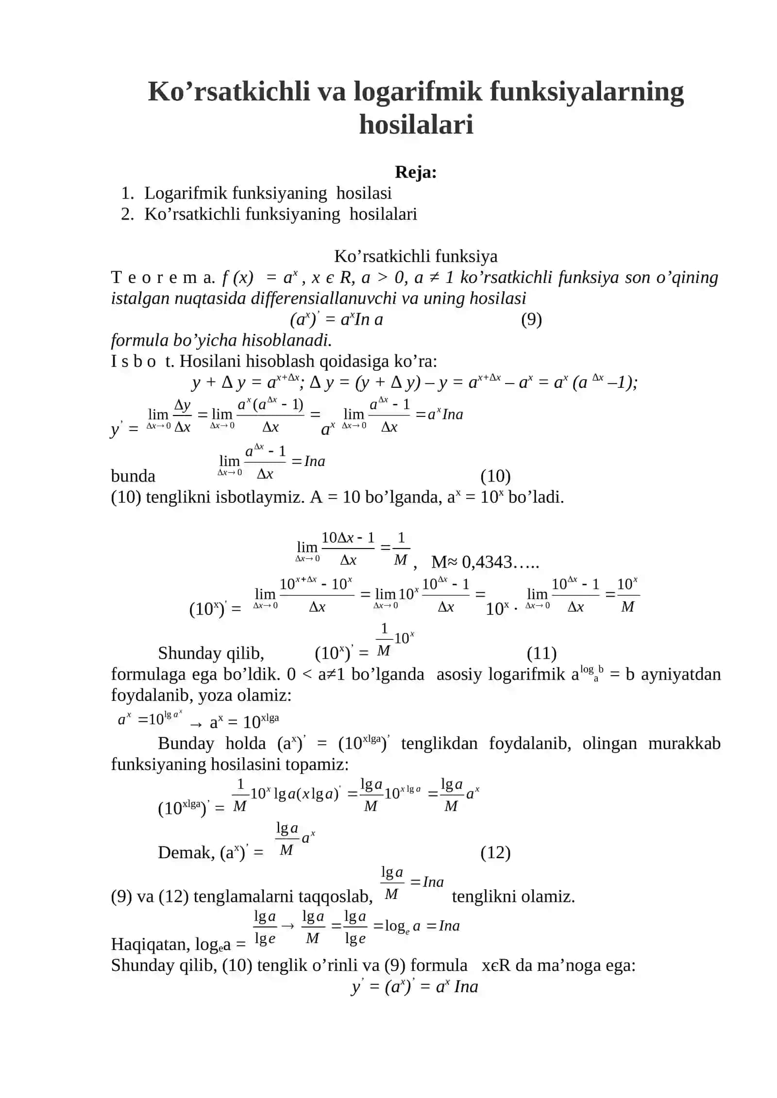 Matematik Analiz - Ko’rsatkichli va logarifmik funksiyalarning hosilalari 2