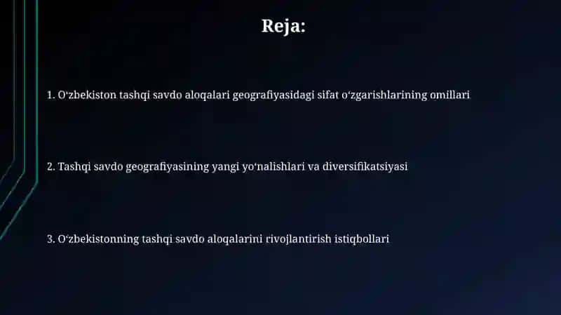 Oʻzbekistondagi tashqi savdo aloqalari geografiyasidagi sifat oʻzgarishlari 2