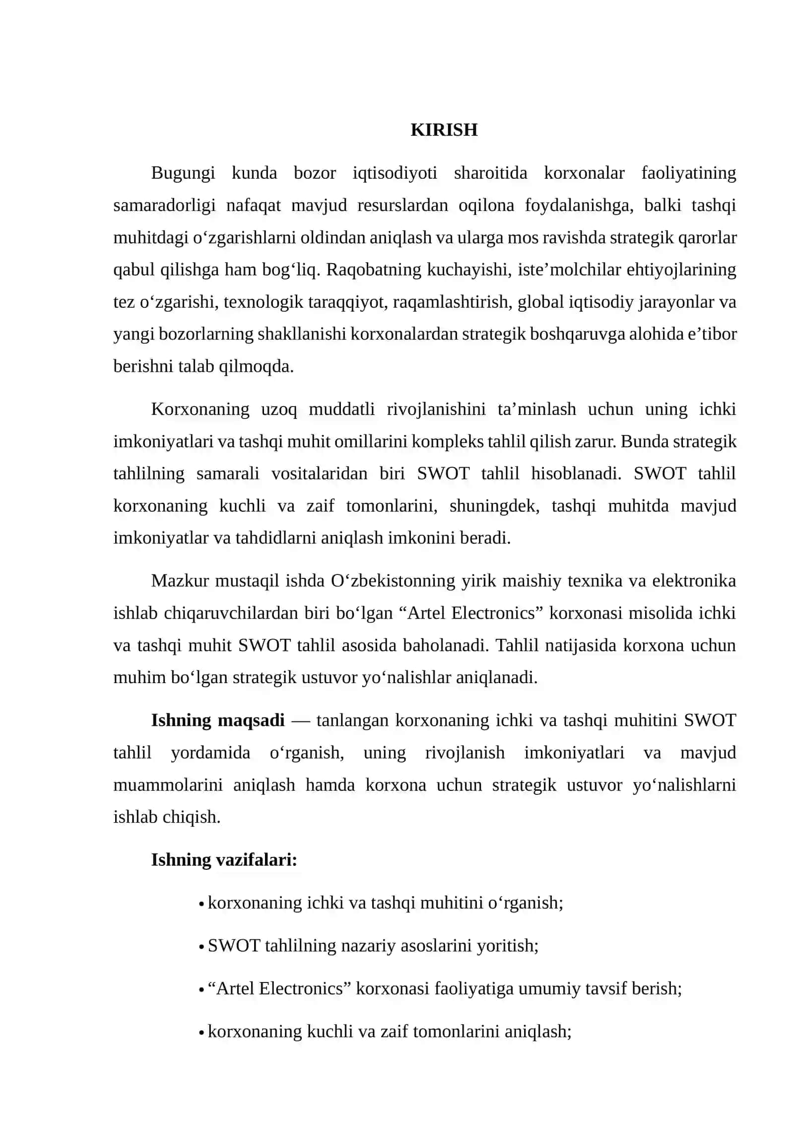 TANLANGAN KORXONANING ICHKI VA TASHQI MUHITINI SWOT TAHLIL ASOSIDA BAHOLASH VA STRATEGIK USTUVORLIKNI ANIQLASH 2