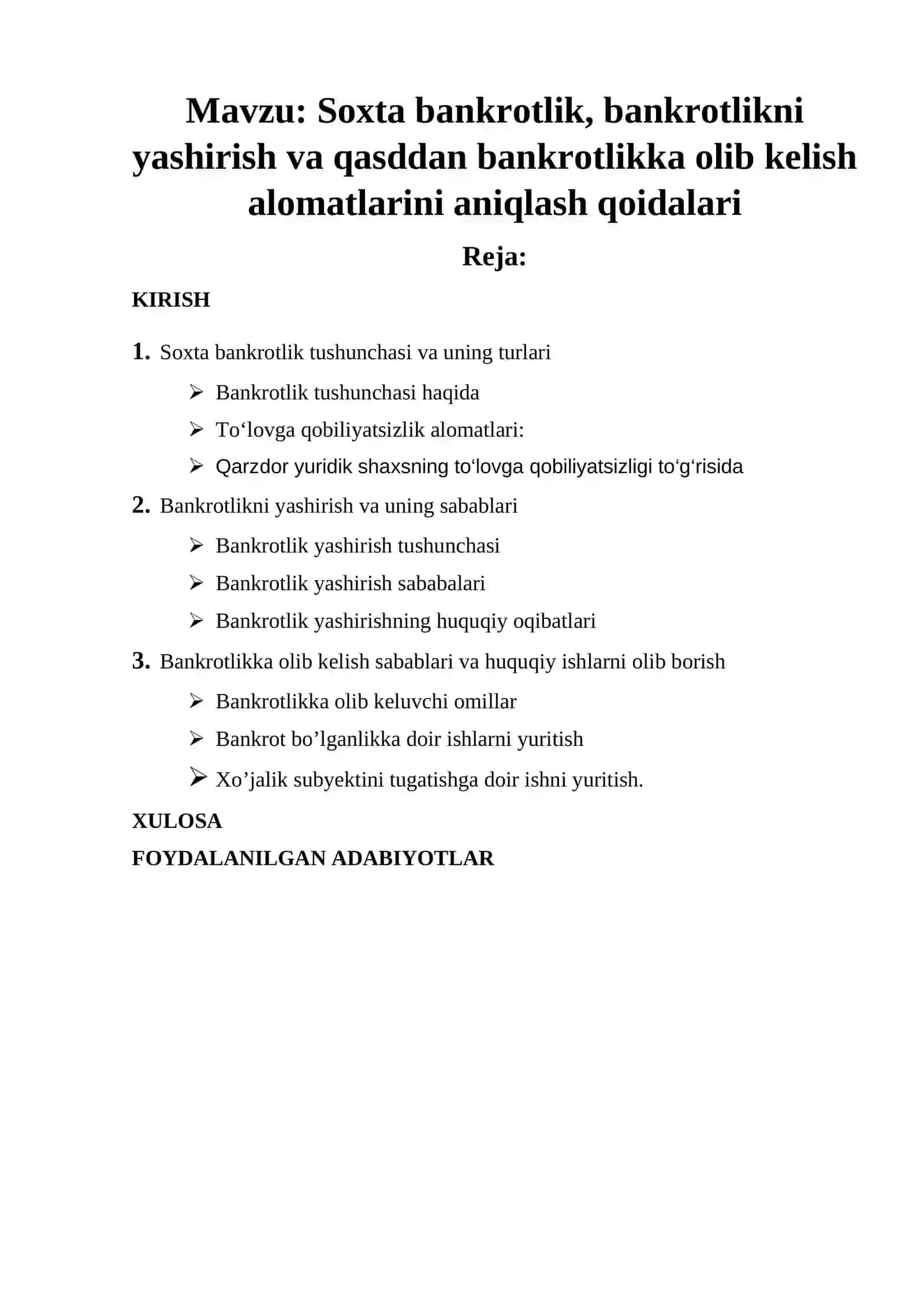 Soxta bankrotlik, bankrotlikni yashirish va qasddan bankrotlikka olib kelish alomatlarini aniqlash qoidalari. 2