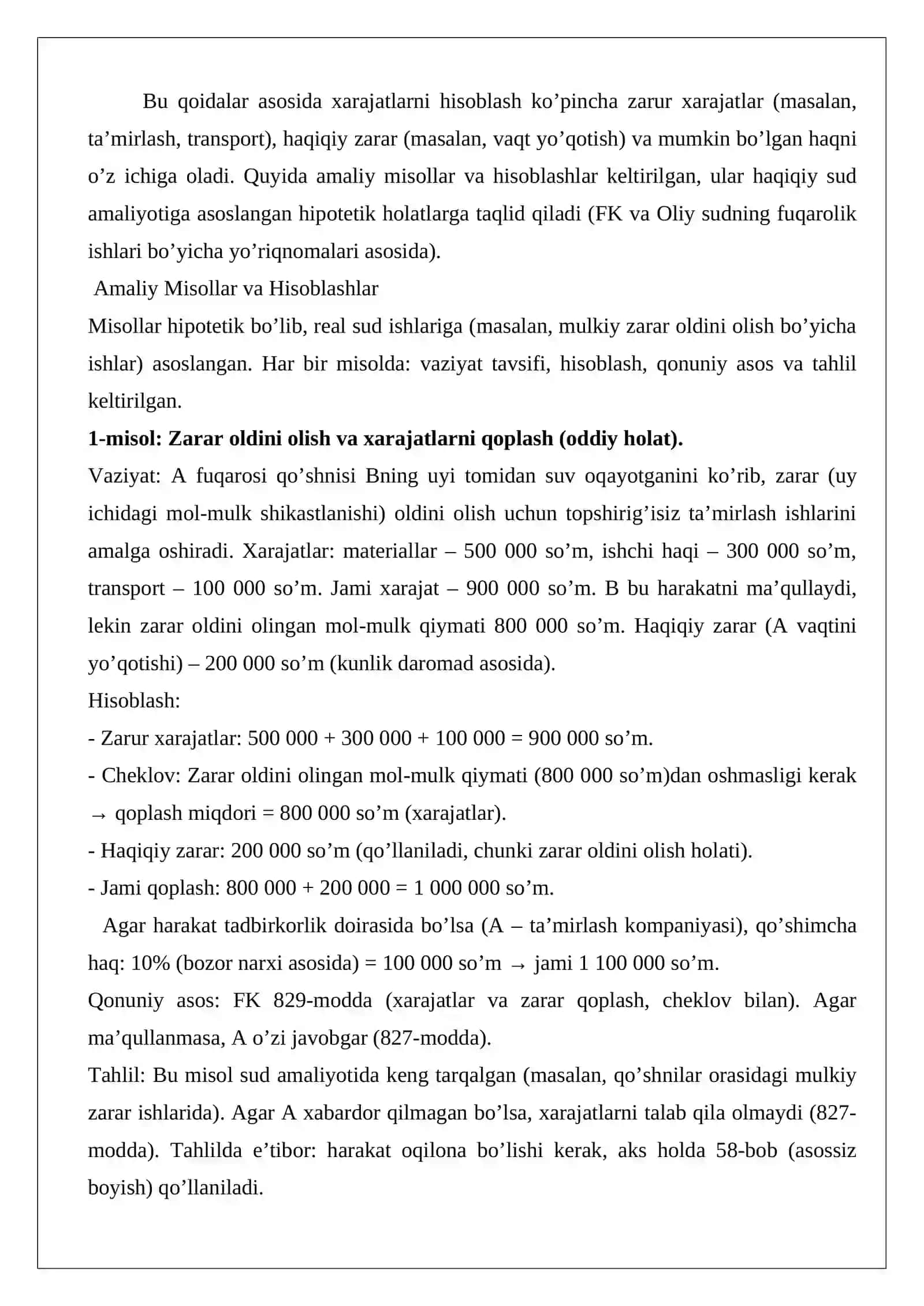 Topshiriqsiz harakat qilishda xarajatlarni qoplash va javobgarlik masalalari 2