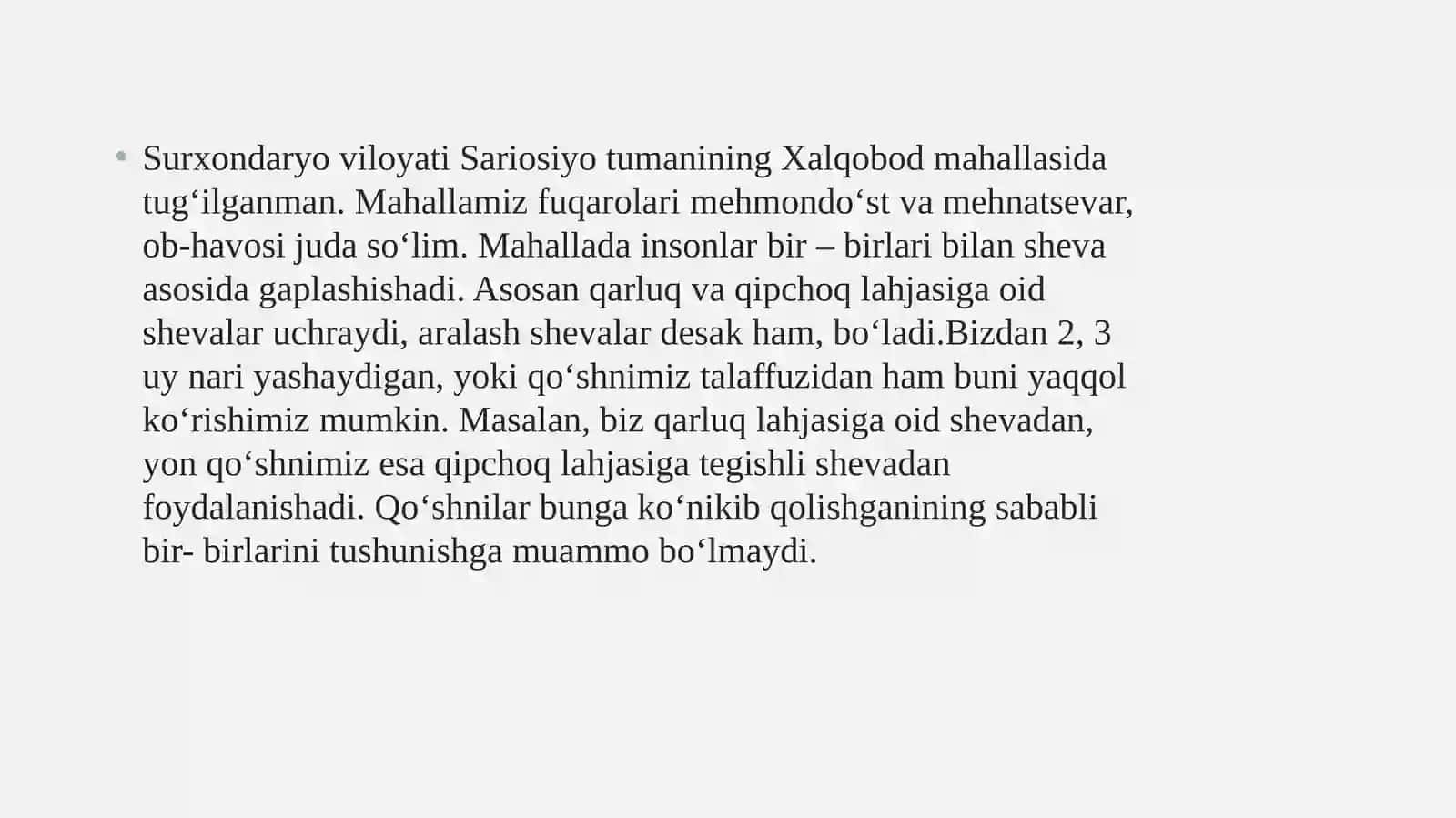 Surxondaryo viloyati Sariosiyo tumani Birlik qishlogʻining shevasi 2