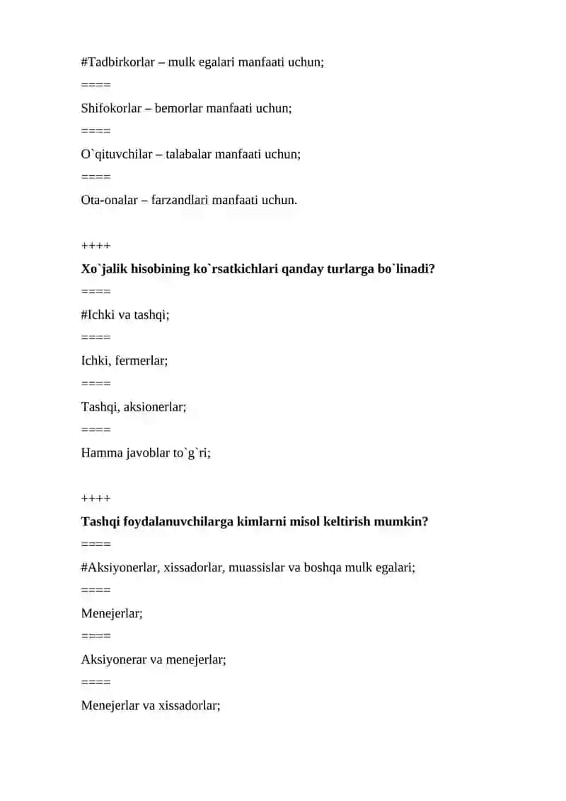 BUXGALTERIYA HISOBINING FUNDAMENTAL ASOSLARI FANIDAN YAKUNIY NAZORAT TESTLARI 2