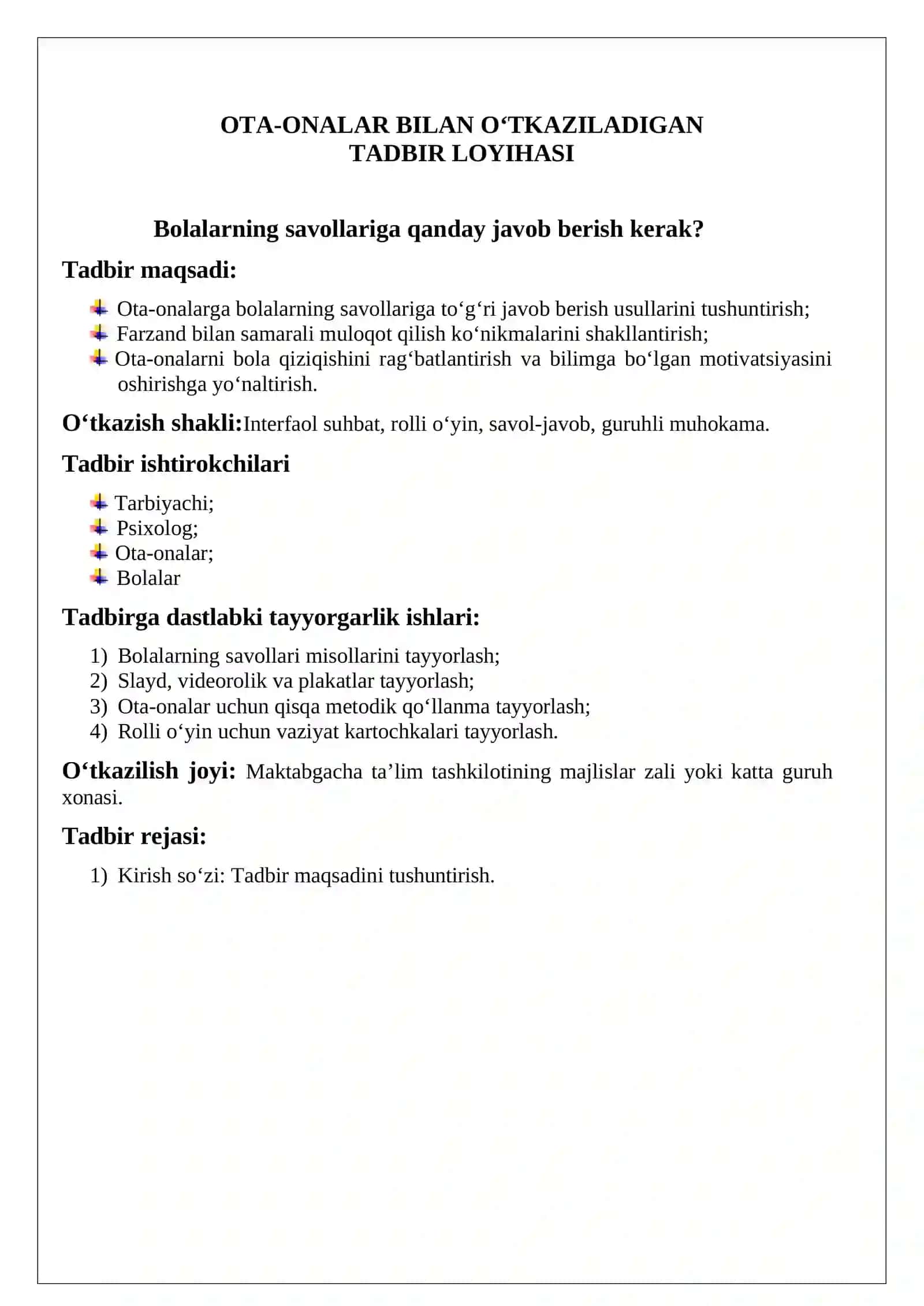 OTA-ONALAR BILAN O‘TKAZILADIGAN TADBIR LOYIHASI 2