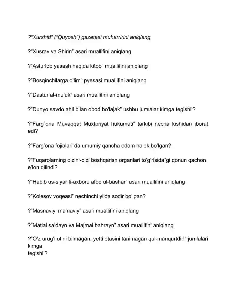 O'zbekiston tarixi fanidan yopiq testlar jamlanmasi 2
