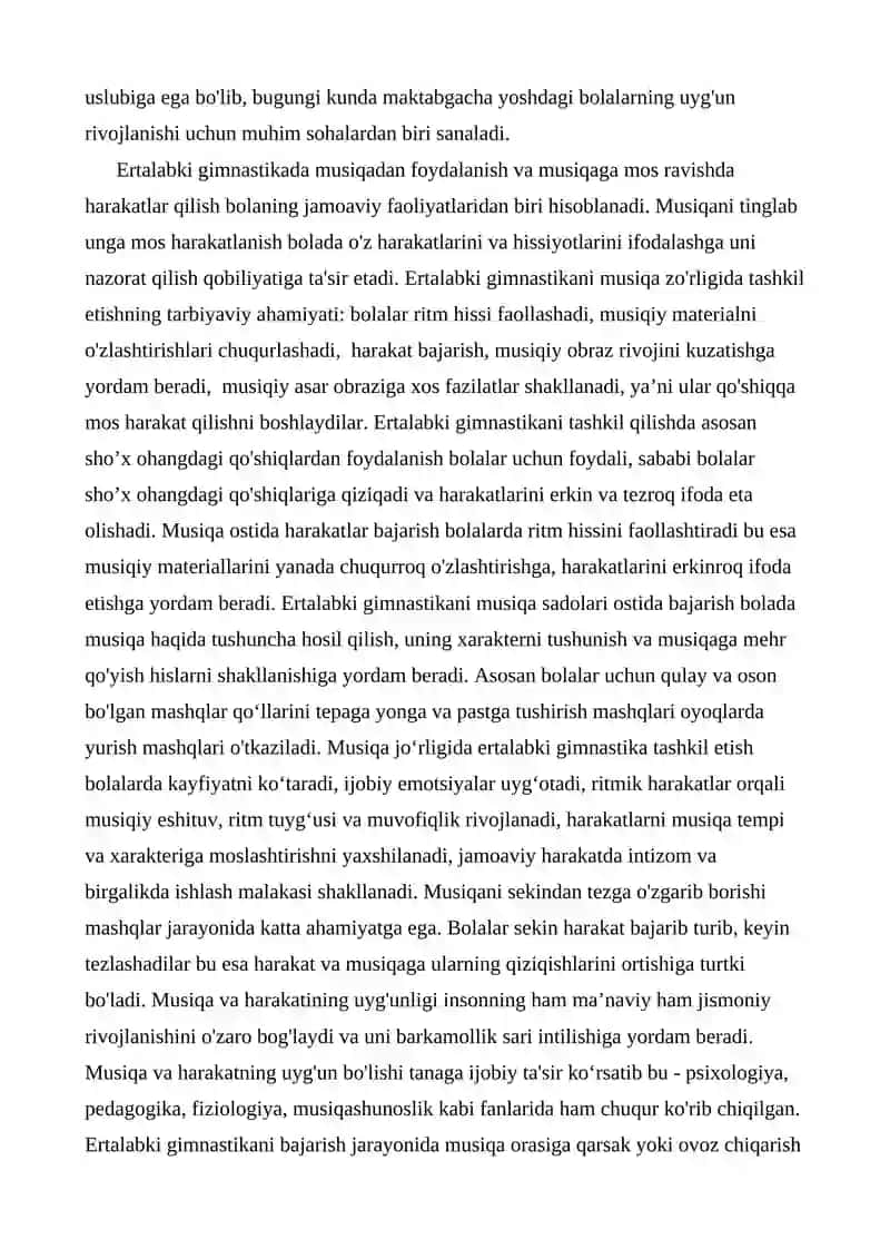 MTTda ertalabki gimnastikani musiqa jo’rligida tashkil etish, musiqiy savodxonlikni shakllantirish. 2