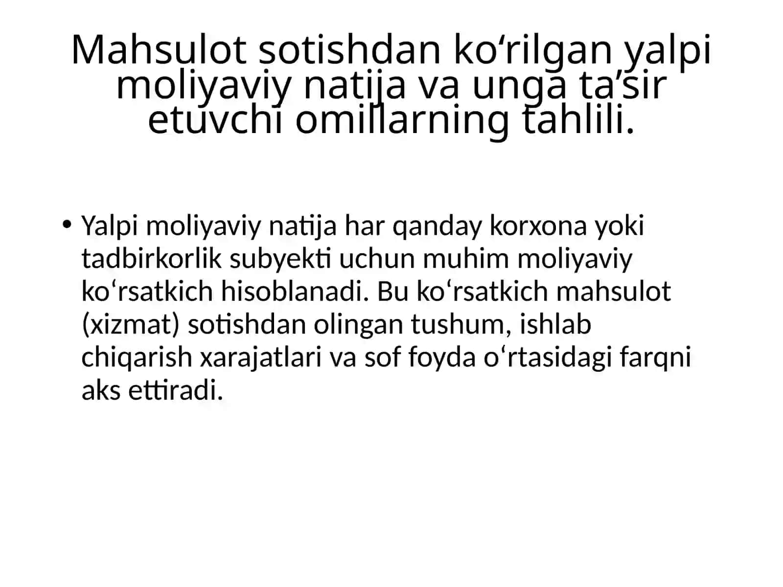 Mahsulot sotishdan ko‘rilgan yalpi moliyaviy natija va unga ta’sir etuvchi omillarning tahlili 2
