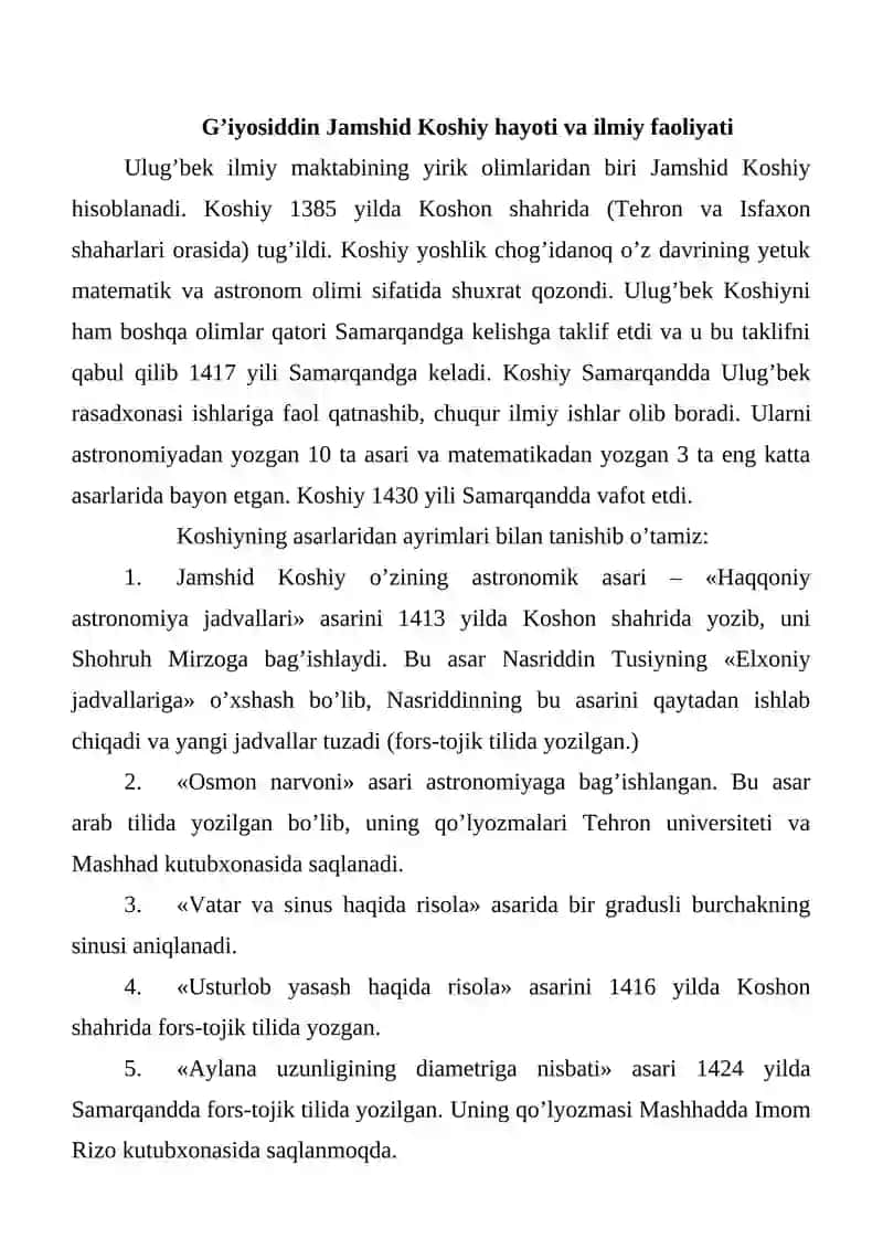 G’iyosiddin Jamshid Koshiy hayoti va ilmiy faoliyati 2