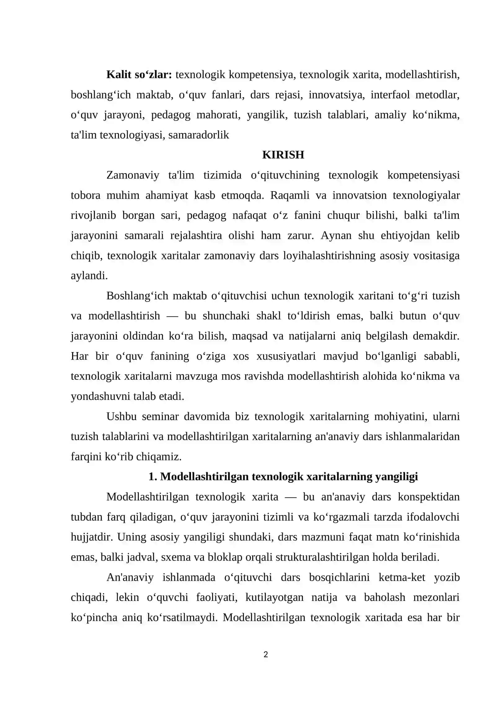 O‘qituvchining texnologik kompetensiyasi. Boshlang‘ich maktabning alohida o‘quv fanlari bo‘yicha texnologik xaritalarni modellashtirish 2